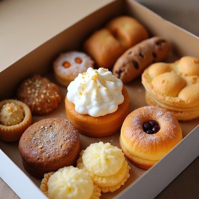 Box of assorted baked goods with sweets