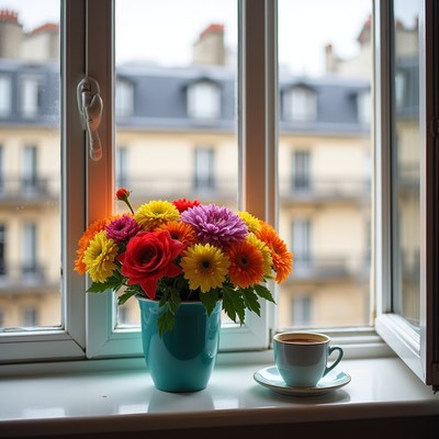 Colorful flowers by the window