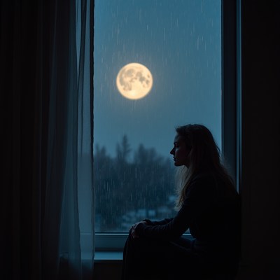 Woman sits by window at night