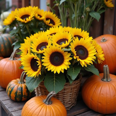 Sunflowers and pumpkins at market