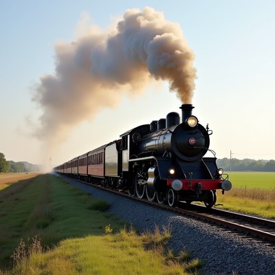 Steam train travels through the countryside
