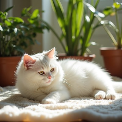 White cat resting in sunny room