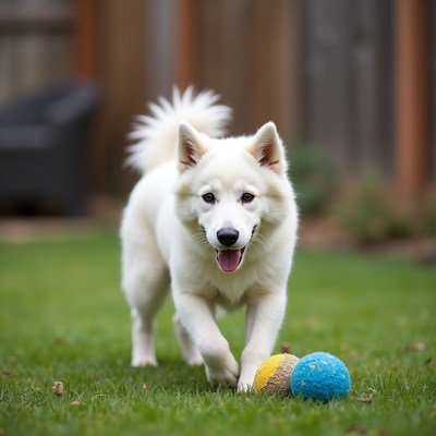 White dog plays with balls in yard