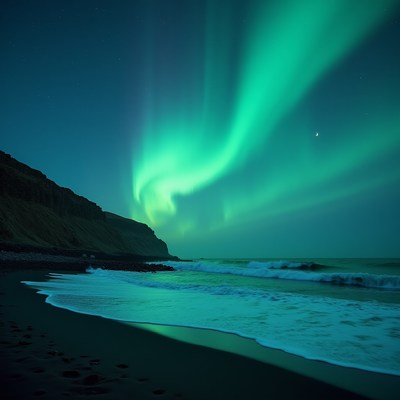 Northern lights over the ocean shore