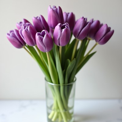 Purple tulips in a clear vase