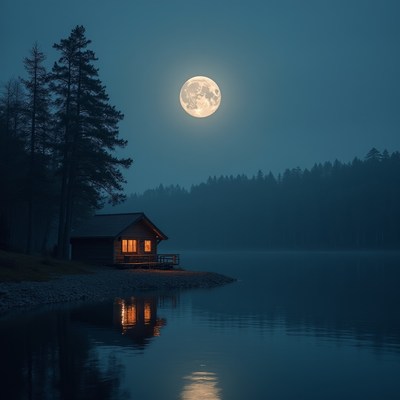 Cabin by the lake at night