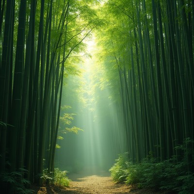 Bright light shining in bamboo forest path