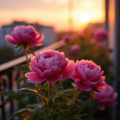 Pink flowers on balcony at sunset