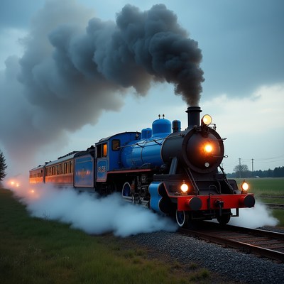 Classic steam train running at dusk