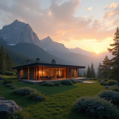 Modern house in mountain landscape at sunset