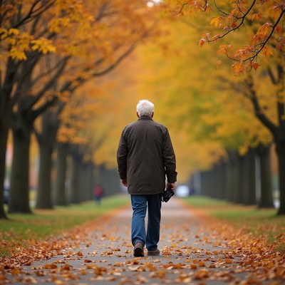 Man walks through autumn park path