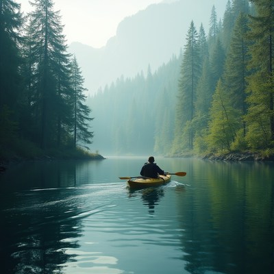 Kayaking in a misty forest