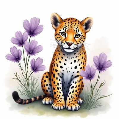 Leopard sitting among flowers in spring