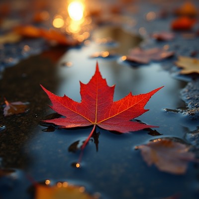 Red leaf on water at sunset