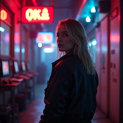 Woman in neon-lit hallway at night