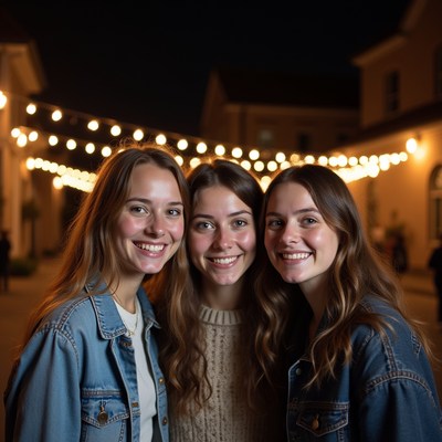 Three friends smiling at night
