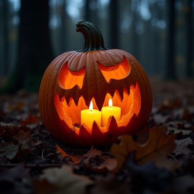 Pumpkin with candles in forest