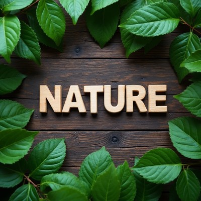 Wood letters surrounded by green leaves