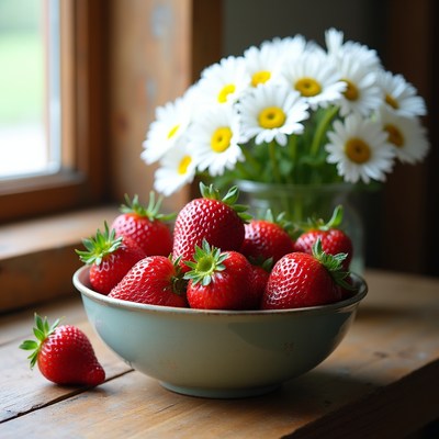 Strawberries and flowers on table