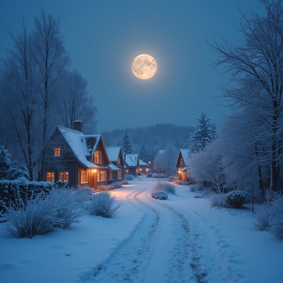 Winter night in a snowy village
