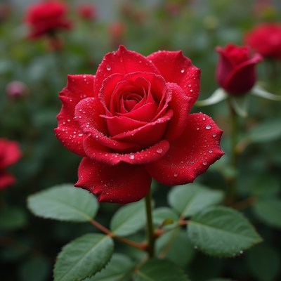 Bright red rose with dew droplets