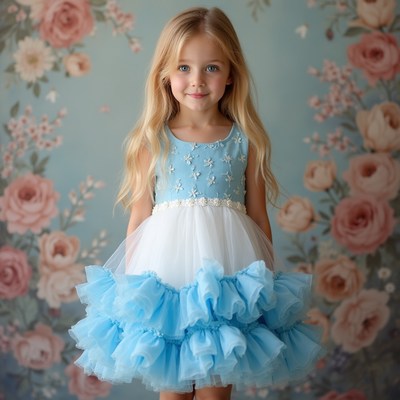 Child in blue dress with flowers