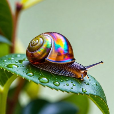 Snail on leaf with water drops