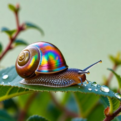 Snail crawling on green leaf