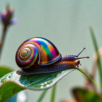 Snail on green leaf in garden