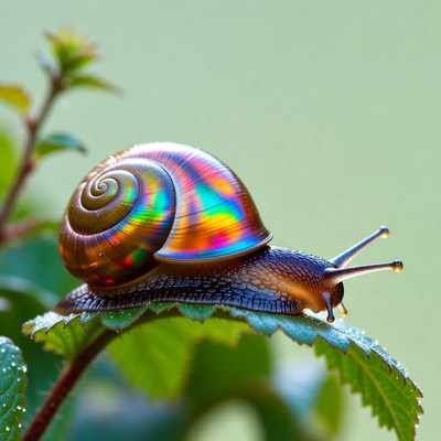 Snail on leaf with bright shell