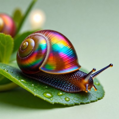 Colorful snail on green leaf