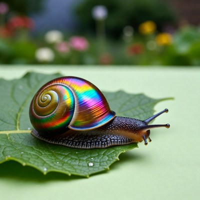 Colorful snail on green leaf