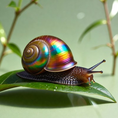 Colorful snail on green leaf