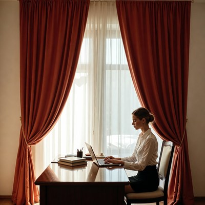 Woman working at desk by window