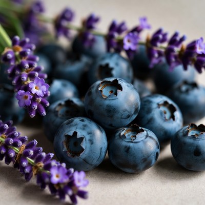 Fresh blueberries and lavender flowers on a table