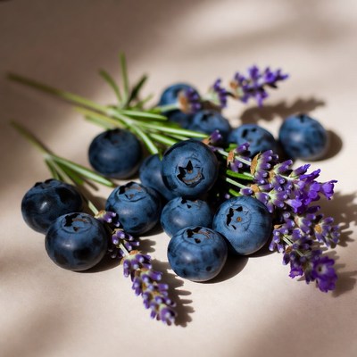 Blueberries and lavender on table