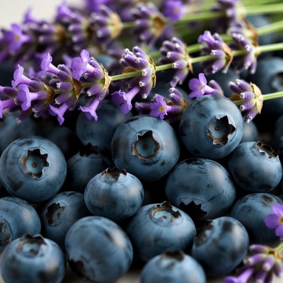 Blueberries and lavender display on table
