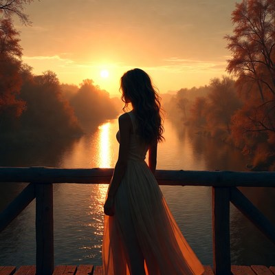 Woman at sunset by river