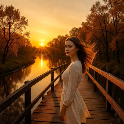 Woman on bridge at sunset