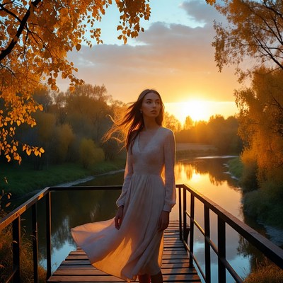 Woman at sunset by the river