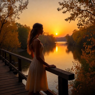 Woman at sunset by river