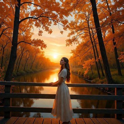 Woman by river at sunset