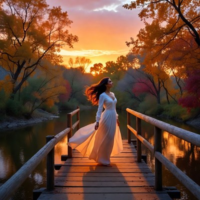 Woman walks on bridge at sunset