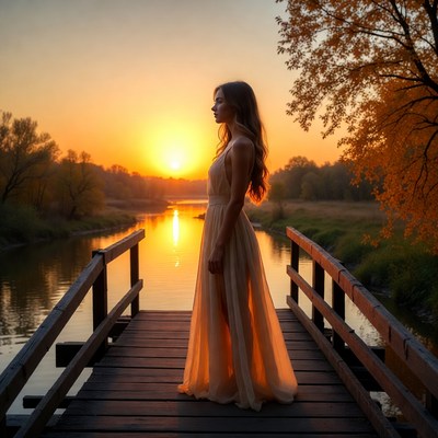 Woman standing by river at sunset