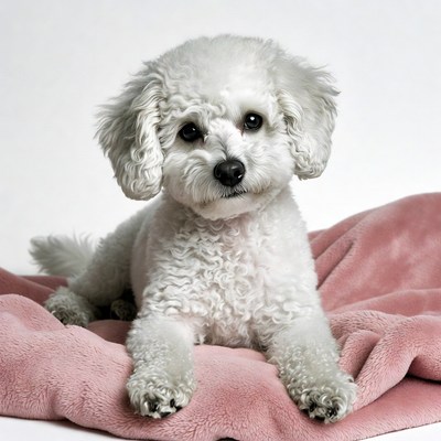 Curly haired dog on pink blanket