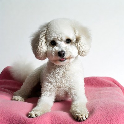 White dog resting on pink blanket