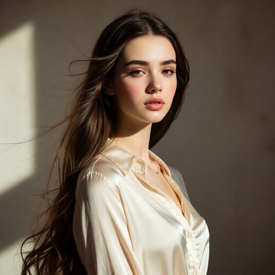 Woman in silk shirt indoors