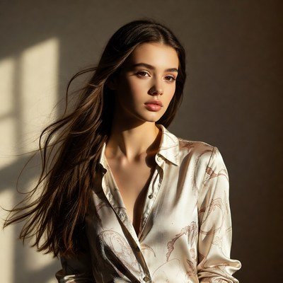 Model poses in silk shirt indoors