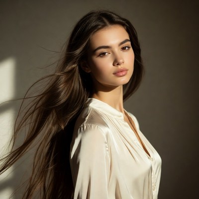 Model poses in soft light indoors