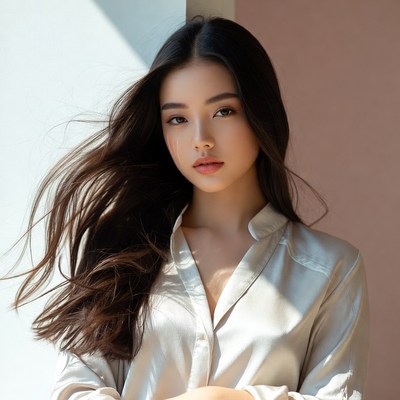 Woman with flowing hair indoors